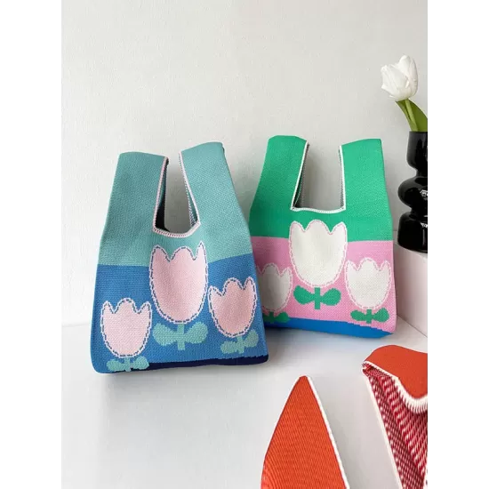 Knitting Contrast Color Flower Bags Accessories Knitting Contrast Color Flower Bags Accessories