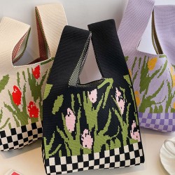 Checkerboard Floral Printed Woven Handbag Bags Accessories