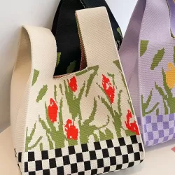 Checkerboard Floral Printed Woven Handbag Bags Accessories