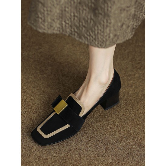 Contrast Color Square-Toe Mid Heels Loafers Contrast Color Square-Toe Mid Heels Loafers