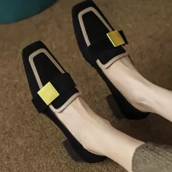 Contrast Color Square-Toe Mid Heels Loafers