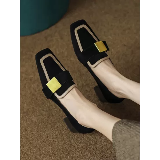 Contrast Color Square-Toe Mid Heels Loafers Contrast Color Square-Toe Mid Heels Loafers