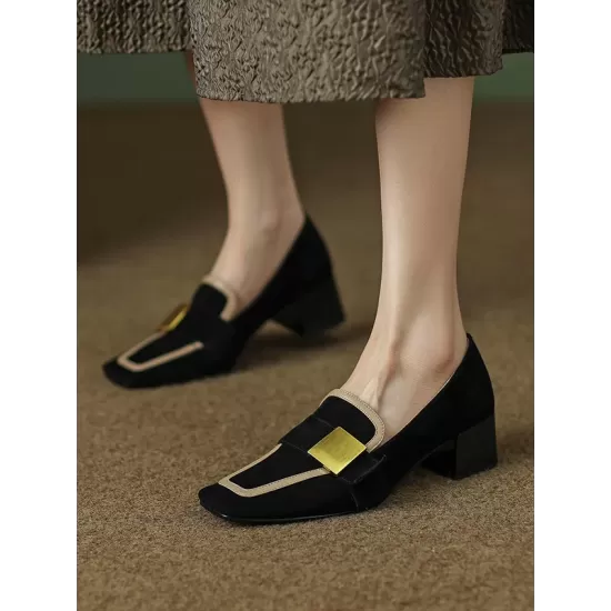 Contrast Color Square-Toe Mid Heels Loafers Contrast Color Square-Toe Mid Heels Loafers