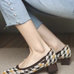 Contrast Color Houndstooth Pointed-Toe Round Cut Pumps Mid Heels