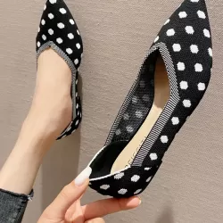 Contrast Color Pointed-Toe Polka-Dot V-Cut Low Heels Flat Shoes