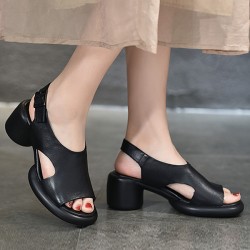 Hollow Open Toe Solid Color Block Heel Sandals