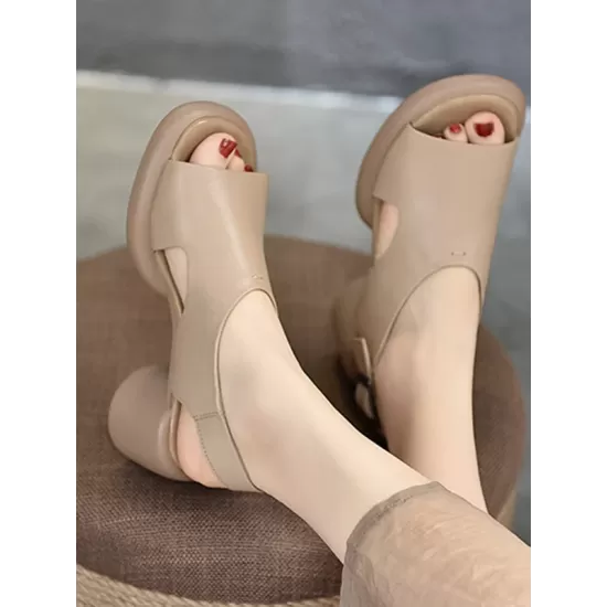 Hollow Open Toe Solid Color Block Heel Sandals Hollow Open Toe Solid Color Block Heel Sandals