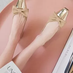 Bowknot Contrast Color Shallow Cut Split-Joint Square-Toe Flats