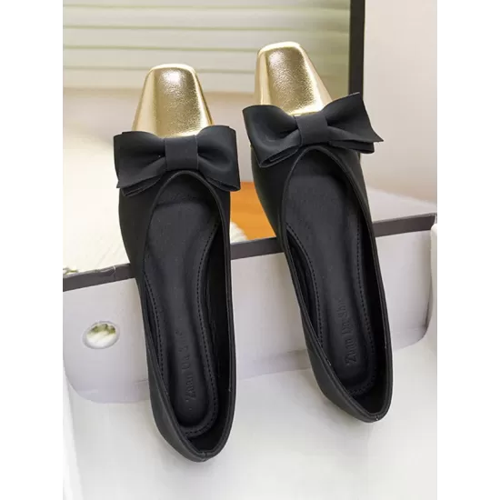 Bowknot Contrast Color Shallow Cut Split-Joint Square-Toe Flats Bowknot Contrast Color Shallow Cut Split-Joint Square-Toe Flats