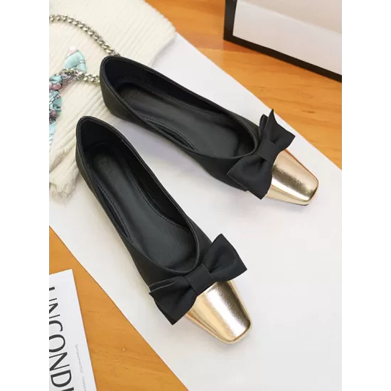 Bowknot Contrast Color Shallow Cut Split-Joint Square-Toe Flats Bowknot Contrast Color Shallow Cut Split-Joint Square-Toe Flats
