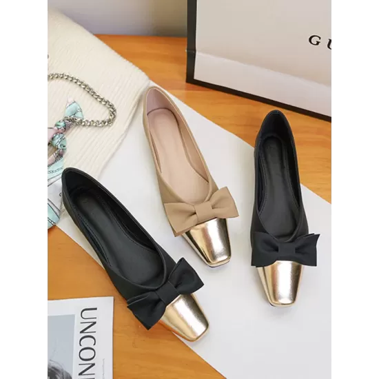 Bowknot Contrast Color Shallow Cut Split-Joint Square-Toe Flats Bowknot Contrast Color Shallow Cut Split-Joint Square-Toe Flats