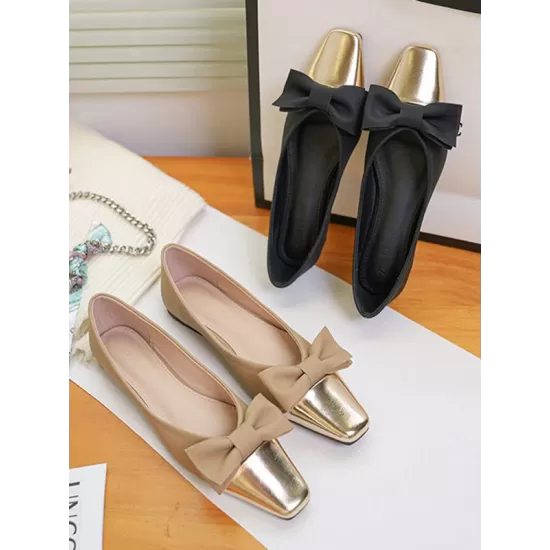 Bowknot Contrast Color Shallow Cut Split-Joint Square-Toe Flats Bowknot Contrast Color Shallow Cut Split-Joint Square-Toe Flats