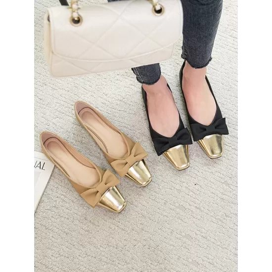 Bowknot Contrast Color Shallow Cut Split-Joint Square-Toe Flats Bowknot Contrast Color Shallow Cut Split-Joint Square-Toe Flats