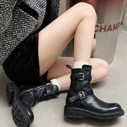 Belt Buckle Round-Toe Split-Joint Zipper Boots