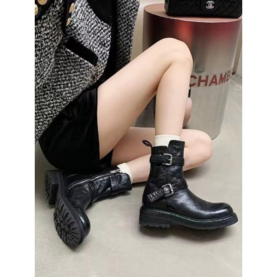 Belt Buckle Round-Toe Split-Joint Zipper Boots Belt Buckle Round-Toe Split-Joint Zipper Boots