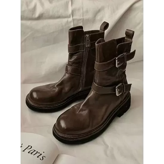 Belt Buckle Round-Toe Split-Joint Zipper Boots Belt Buckle Round-Toe Split-Joint Zipper Boots