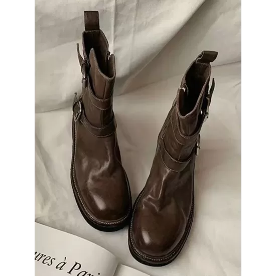 Belt Buckle Round-Toe Split-Joint Zipper Boots Belt Buckle Round-Toe Split-Joint Zipper Boots