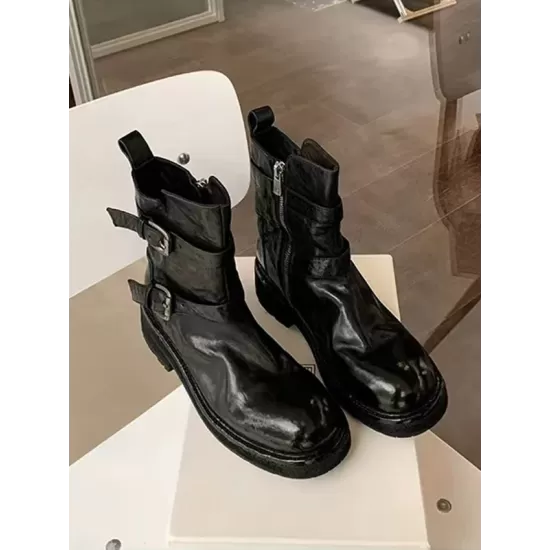 Belt Buckle Round-Toe Split-Joint Zipper Boots Belt Buckle Round-Toe Split-Joint Zipper Boots
