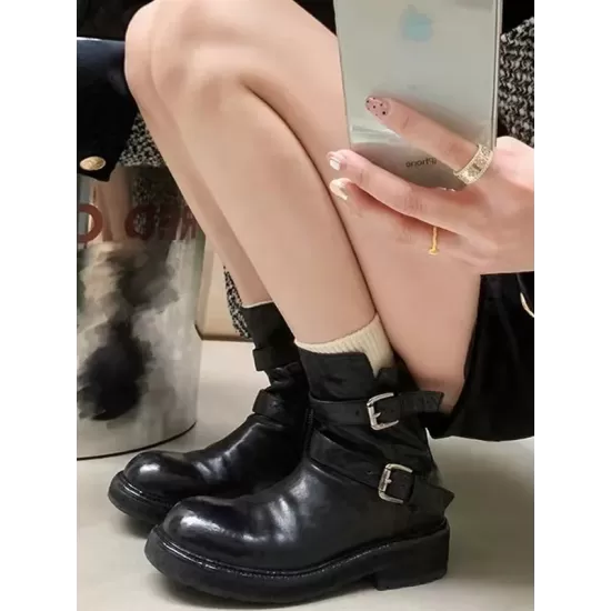 Belt Buckle Round-Toe Split-Joint Zipper Boots Belt Buckle Round-Toe Split-Joint Zipper Boots
