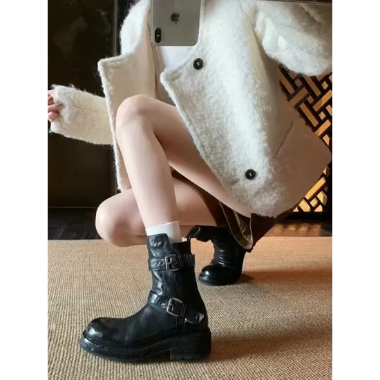 Belt Buckle Round-Toe Split-Joint Zipper Boots Belt Buckle Round-Toe Split-Joint Zipper Boots