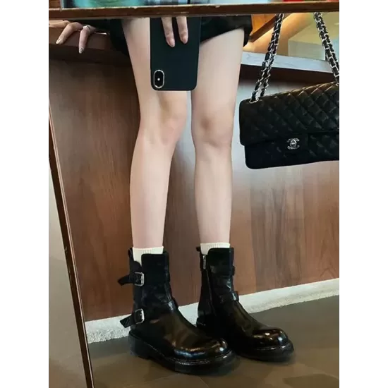 Belt Buckle Round-Toe Split-Joint Zipper Boots Belt Buckle Round-Toe Split-Joint Zipper Boots