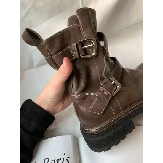 Belt Buckle Round-Toe Split-Joint Zipper Boots Belt Buckle Round-Toe Split-Joint Zipper Boots