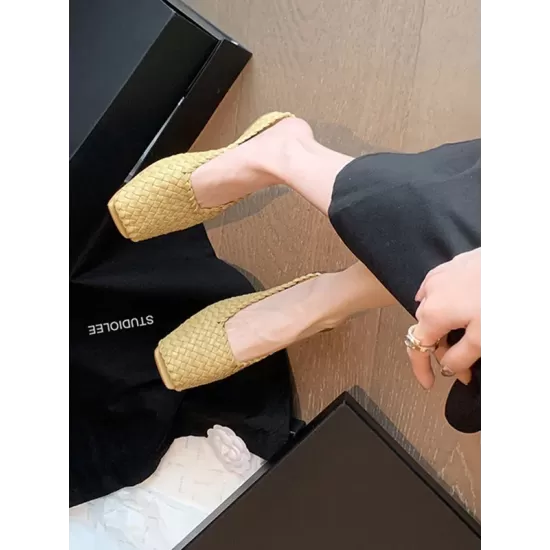 Open Toe Split-Joint Square-Toe Woven Slippers&Mules Open Toe Split-Joint Square-Toe Woven Slippers&Mules