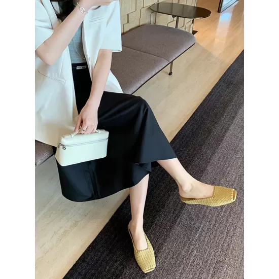 Open Toe Split-Joint Square-Toe Woven Slippers&Mules Open Toe Split-Joint Square-Toe Woven Slippers&Mules