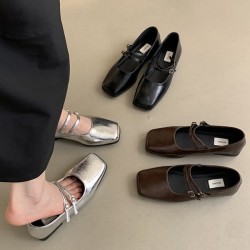 Belt Buckle Shallow Cut Split-Joint Square-Toe Mary Janes Flats