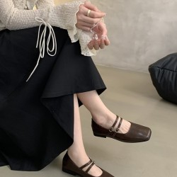 Belt Buckle Shallow Cut Split-Joint Square-Toe Mary Janes Flats