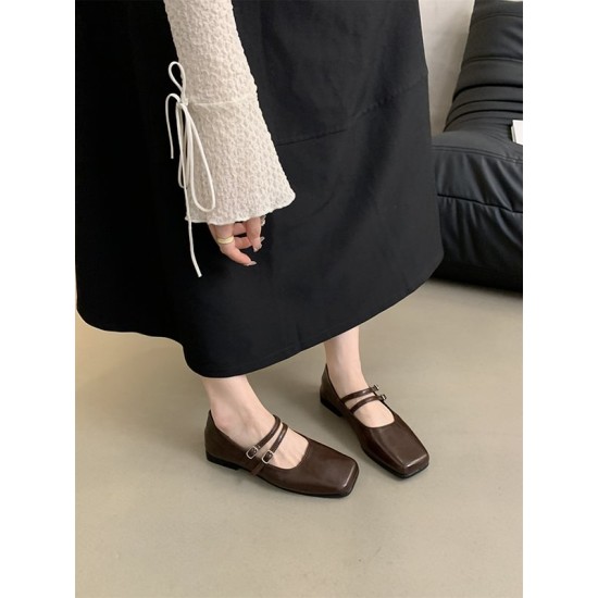 Belt Buckle Shallow Cut Split-Joint Square-Toe Mary Janes Flats Belt Buckle Shallow Cut Split-Joint Square-Toe Mary Janes Flats