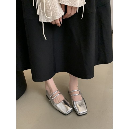 Belt Buckle Shallow Cut Split-Joint Square-Toe Mary Janes Flats Belt Buckle Shallow Cut Split-Joint Square-Toe Mary Janes Flats