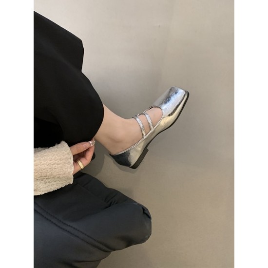 Belt Buckle Shallow Cut Split-Joint Square-Toe Mary Janes Flats Belt Buckle Shallow Cut Split-Joint Square-Toe Mary Janes Flats