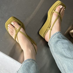 Belt Buckle Hollow Solid Color Square-Toe Sandals Platform Shoes