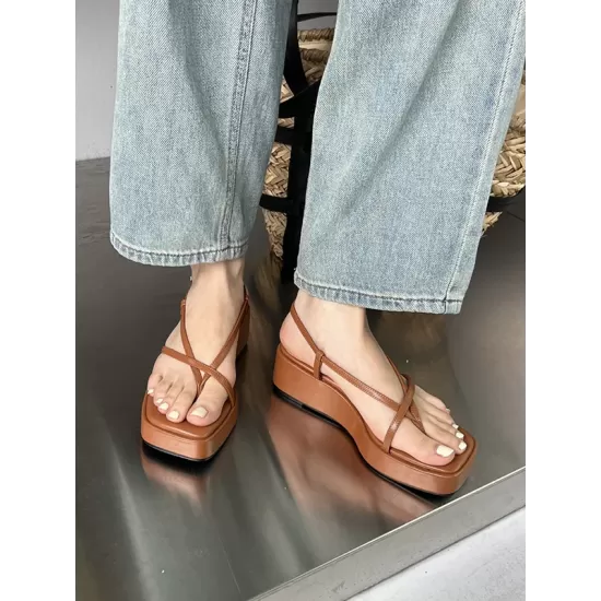 Belt Buckle Hollow Solid Color Square-Toe Sandals Platform Shoes Belt Buckle Hollow Solid Color Square-Toe Sandals Platform Shoes