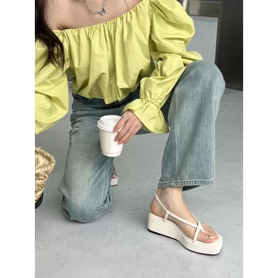 Belt Buckle Hollow Solid Color Square-Toe Sandals Platform Shoes Belt Buckle Hollow Solid Color Square-Toe Sandals Platform Shoes