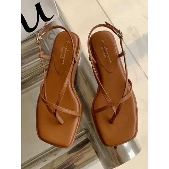 Belt Buckle Hollow Solid Color Square-Toe Sandals Platform Shoes Belt Buckle Hollow Solid Color Square-Toe Sandals Platform Shoes