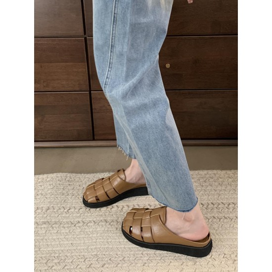 Hollow Round-Toe Split-Joint Woven Slippers&Mules Sandals Hollow Round-Toe Split-Joint Woven Slippers&Mules Sandals