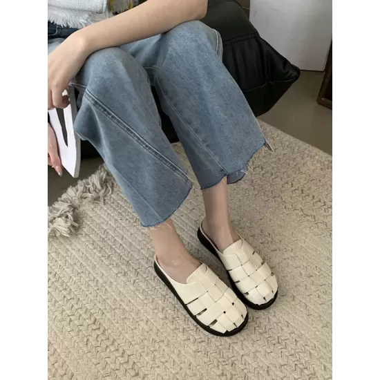 Hollow Round-Toe Split-Joint Woven Slippers&Mules Sandals Hollow Round-Toe Split-Joint Woven Slippers&Mules Sandals