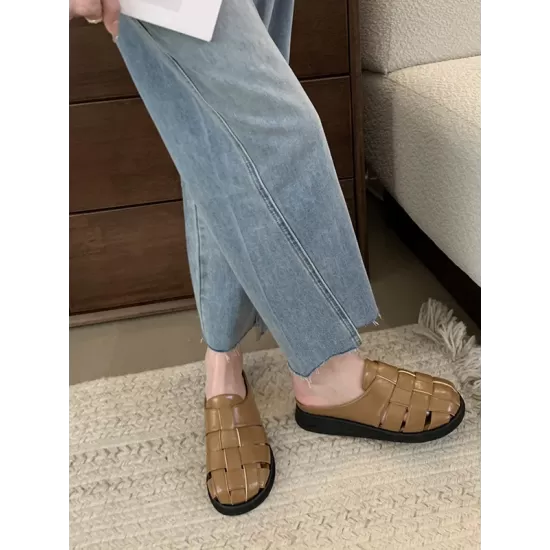 Hollow Round-Toe Split-Joint Woven Slippers&Mules Sandals Hollow Round-Toe Split-Joint Woven Slippers&Mules Sandals