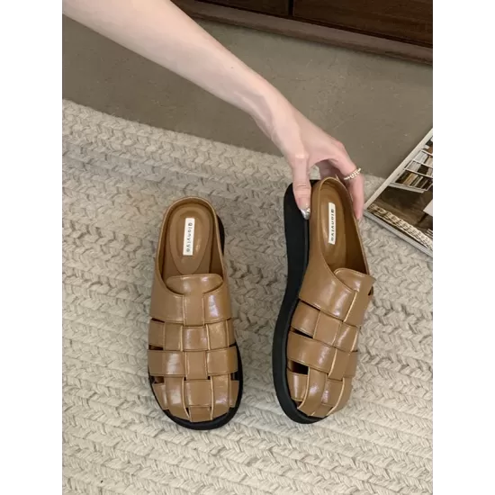 Hollow Round-Toe Split-Joint Woven Slippers&Mules Sandals Hollow Round-Toe Split-Joint Woven Slippers&Mules Sandals