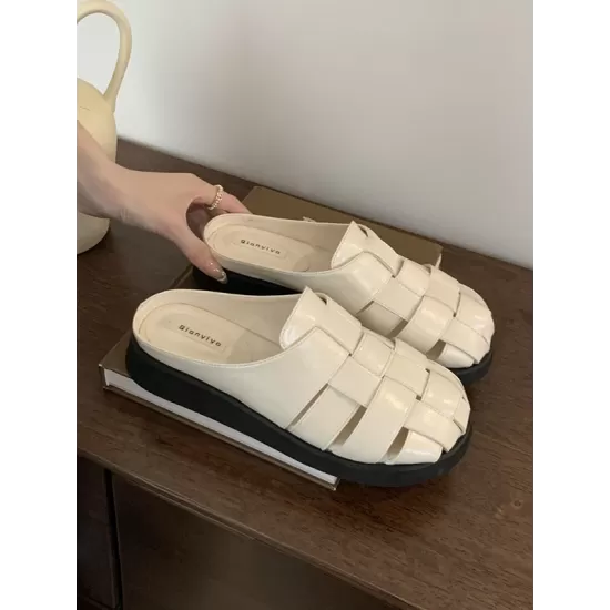 Hollow Round-Toe Split-Joint Woven Slippers&Mules Sandals Hollow Round-Toe Split-Joint Woven Slippers&Mules Sandals