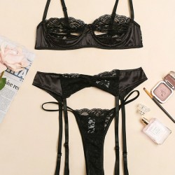 Sexy Lace See-Through Underwired Three-Piece Lingerie Set