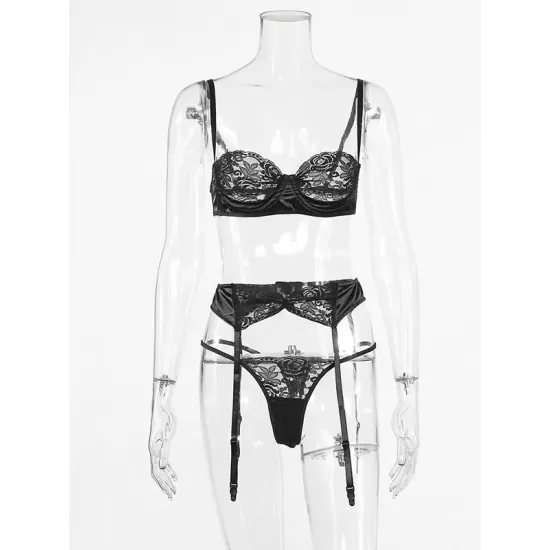 Sexy Lace See-Through Underwired Three-Piece Lingerie Set Sexy Lace See-Through Underwired Three-Piece Lingerie Set