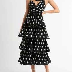 Layered Pleated Polka-Dot Ruffle Trim Split-Joint Three-Dimensional Flower Zipper High Waisted Sleeveless Spaghetti-Neck Midi Dresses