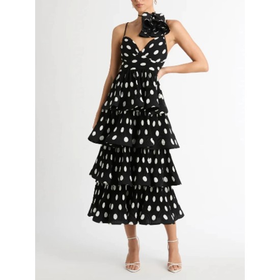 Layered Pleated Polka-Dot Ruffle Trim Split-Joint Three-Dimensional Flower Zipper High Waisted Sleeveless Spaghetti-Neck Midi Dresses Layered Pleated Polka-Dot Ruffle Trim Split-Joint Three-Dimensional Flower Zipper High Waisted Sleeveless Spaghetti-Neck Midi Dresses