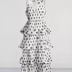 Layered Pleated Polka-Dot Ruffle Trim Split-Joint Three-Dimensional Flower Zipper High Waisted Sleeveless Spaghetti-Neck Midi Dresses