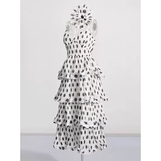 Layered Pleated Polka-Dot Ruffle Trim Split-Joint Three-Dimensional Flower Zipper High Waisted Sleeveless Spaghetti-Neck Midi Dresses Layered Pleated Polka-Dot Ruffle Trim Split-Joint Three-Dimensional Flower Zipper High Waisted Sleeveless Spaghetti-Neck Midi Dresses