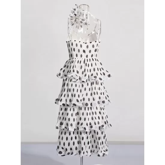 Layered Pleated Polka-Dot Ruffle Trim Split-Joint Three-Dimensional Flower Zipper High Waisted Sleeveless Spaghetti-Neck Midi Dresses Layered Pleated Polka-Dot Ruffle Trim Split-Joint Three-Dimensional Flower Zipper High Waisted Sleeveless Spaghetti-Neck Midi Dresses
