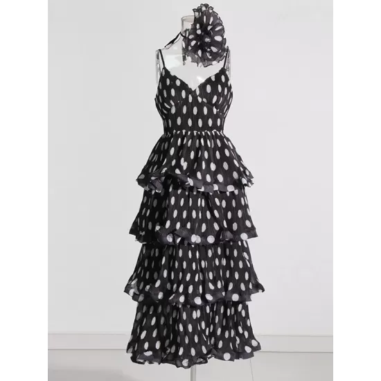 Layered Pleated Polka-Dot Ruffle Trim Split-Joint Three-Dimensional Flower Zipper High Waisted Sleeveless Spaghetti-Neck Midi Dresses Layered Pleated Polka-Dot Ruffle Trim Split-Joint Three-Dimensional Flower Zipper High Waisted Sleeveless Spaghetti-Neck Midi Dresses